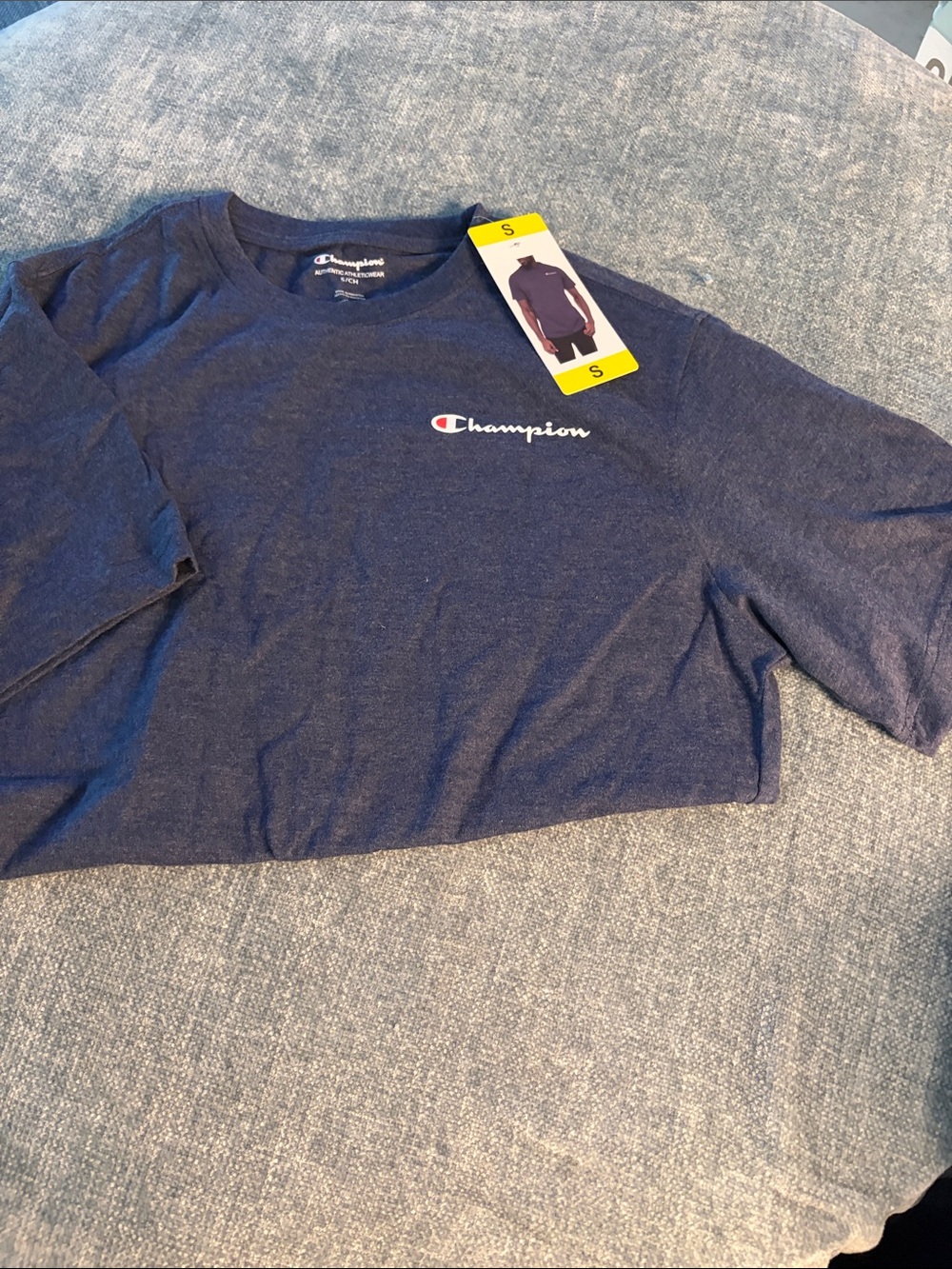 Champion Small Navy Heather Crewneck Tee with Script Logo